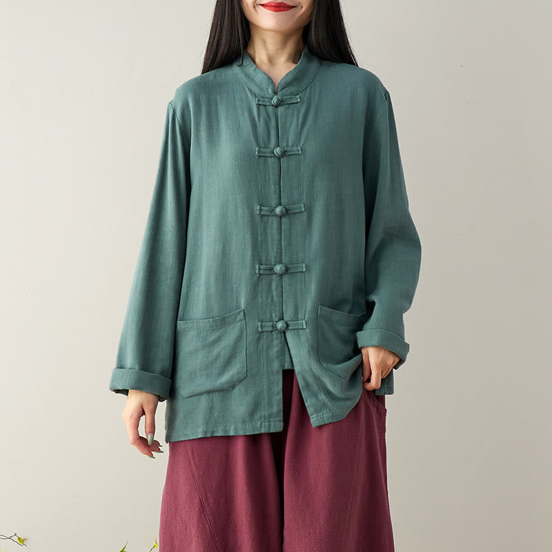 Nimara Ritual Solid Color Frog-button Long Sleeve Cotton Linen Women's Shirts With Pockets