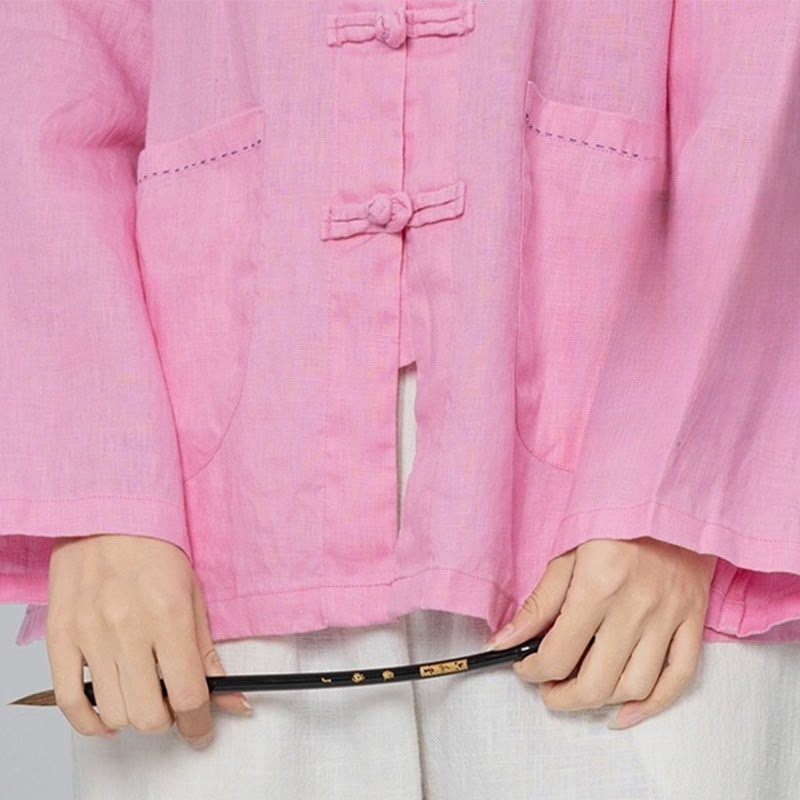 Nimara Ritual Solid Color Frog-button Long Sleeve Linen Women's Shirts With Pockets