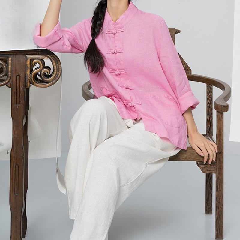 Nimara Ritual Solid Color Frog-button Long Sleeve Linen Women's Shirts With Pockets