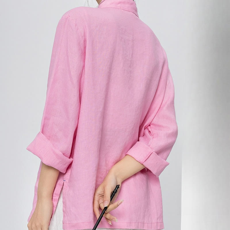 Nimara Ritual Solid Color Frog-button Long Sleeve Linen Women's Shirts With Pockets