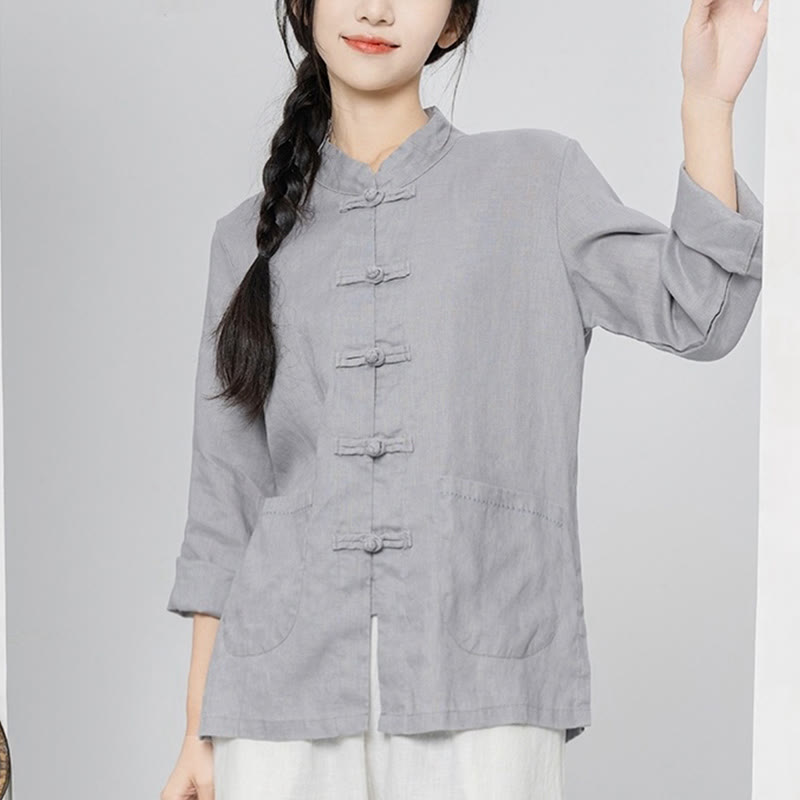 Nimara Ritual Solid Color Frog-button Long Sleeve Linen Women's Shirts With Pockets