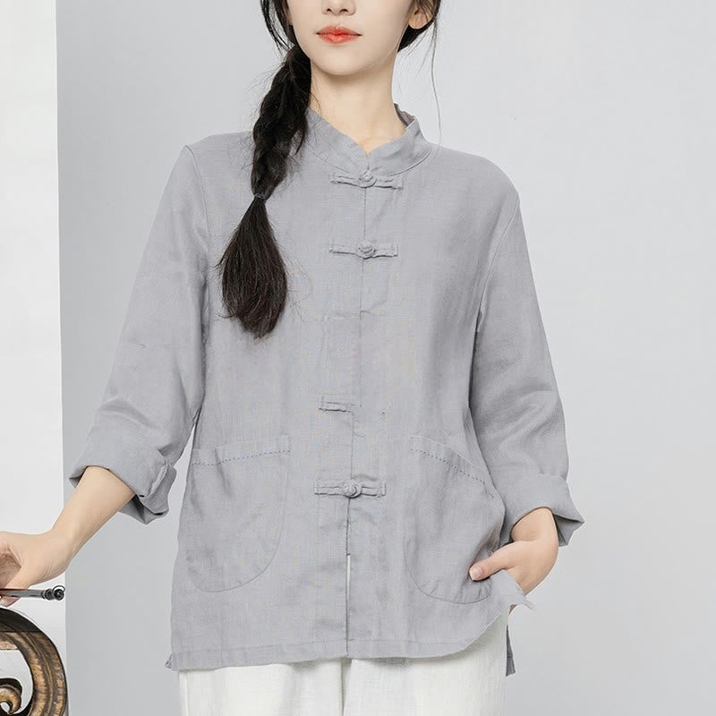 Nimara Ritual Solid Color Frog-button Long Sleeve Linen Women's Shirts With Pockets