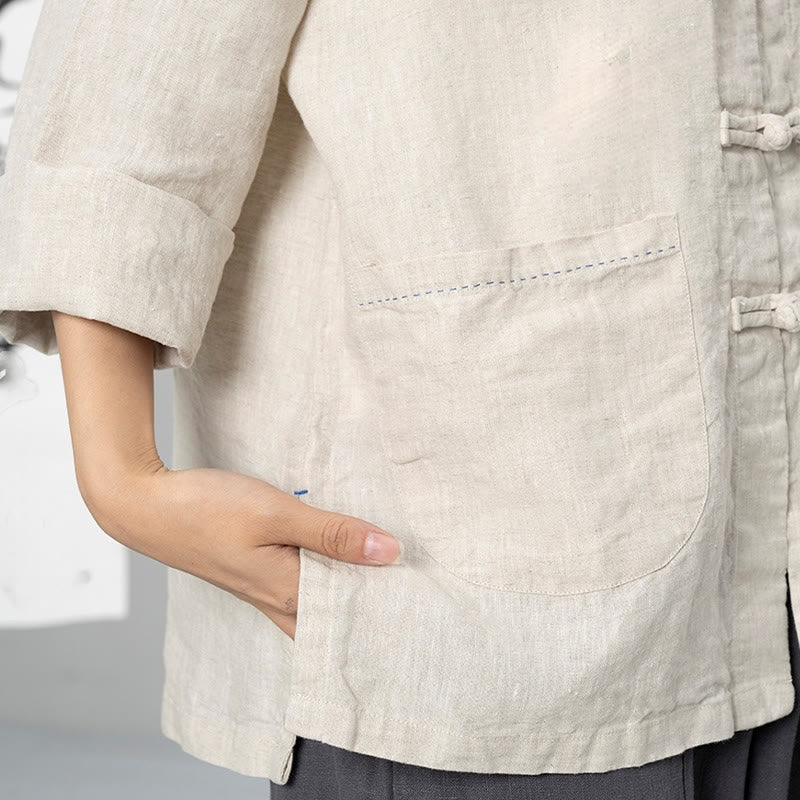 Nimara Ritual Solid Color Frog-button Long Sleeve Linen Women's Shirts With Pockets