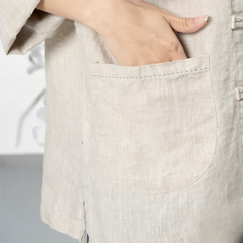 Nimara Ritual Solid Color Frog-button Long Sleeve Linen Women's Shirts With Pockets
