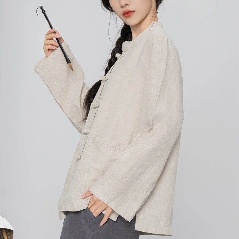 Nimara Ritual Solid Color Frog-button Long Sleeve Linen Women's Shirts With Pockets