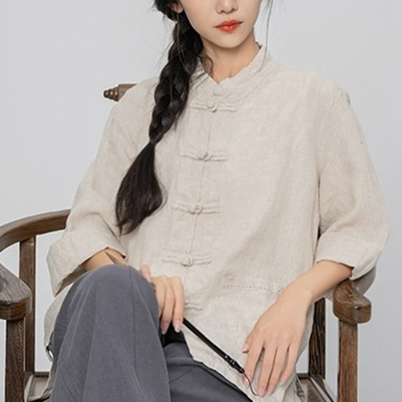 Nimara Ritual Solid Color Frog-button Long Sleeve Linen Women's Shirts With Pockets