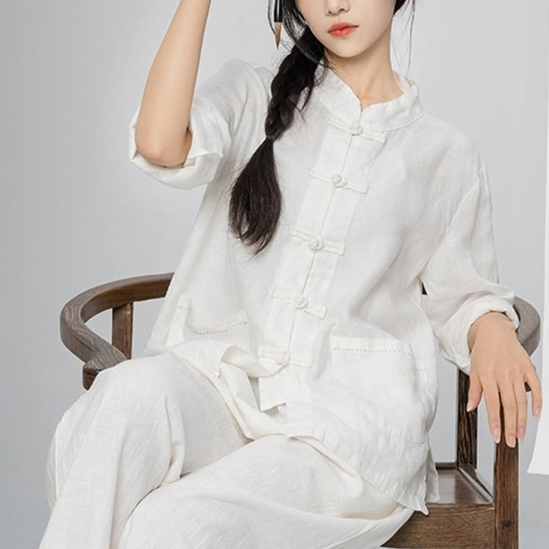 Nimara Ritual Solid Color Frog-button Long Sleeve Linen Women's Shirts With Pockets