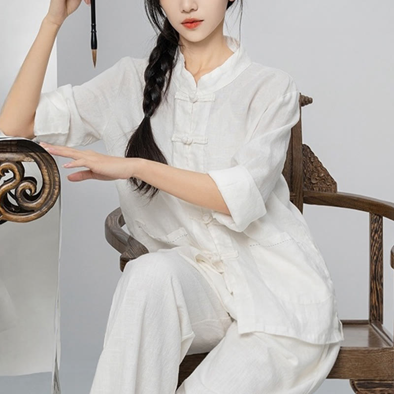 Nimara Ritual Solid Color Frog-button Long Sleeve Linen Women's Shirts With Pockets