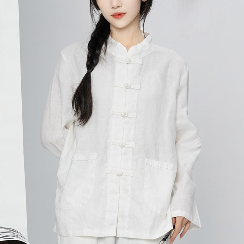 Nimara Ritual Solid Color Frog-button Long Sleeve Linen Women's Shirts With Pockets