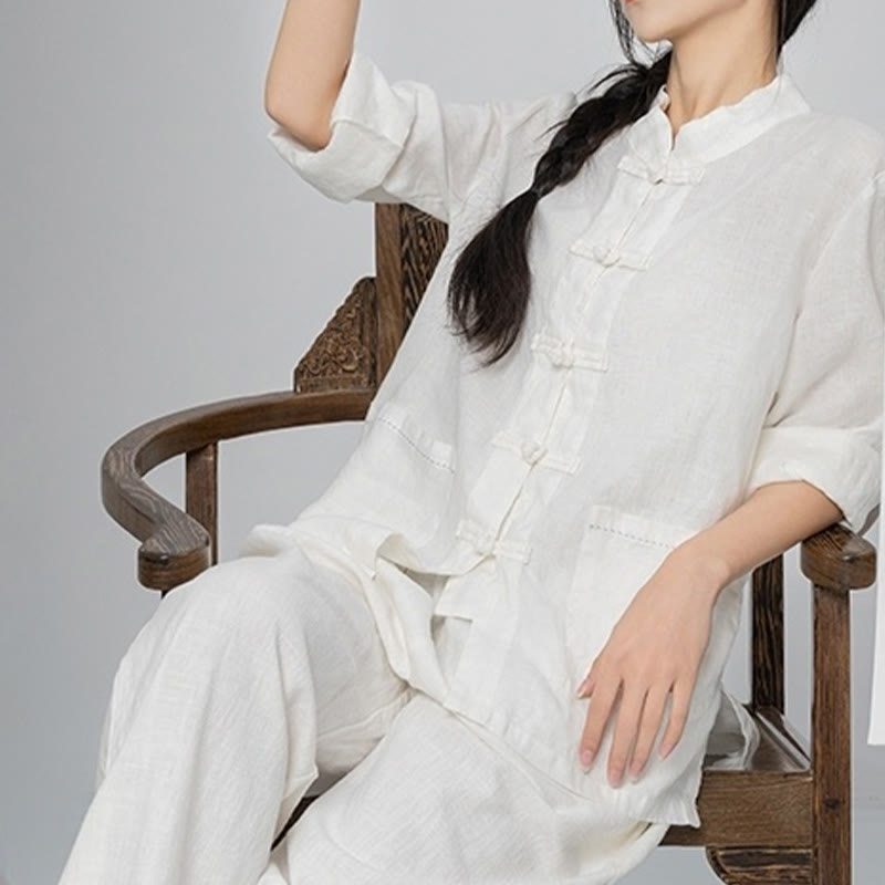 Nimara Ritual Solid Color Frog-button Long Sleeve Linen Women's Shirts With Pockets