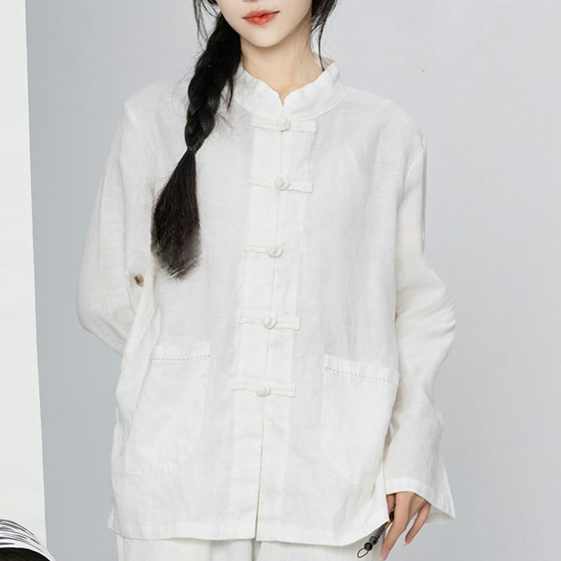 Nimara Ritual Solid Color Frog-button Long Sleeve Linen Women's Shirts With Pockets