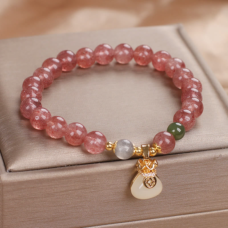 Nimara Ritual Natural Strawberry Quartz Money Bag Charm Positive Bracelet
