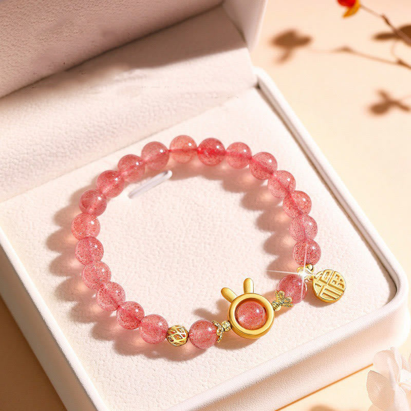 Nimara Ritual Natural Strawberry Quartz Rabbit Fu Character Charm Love Bracelet