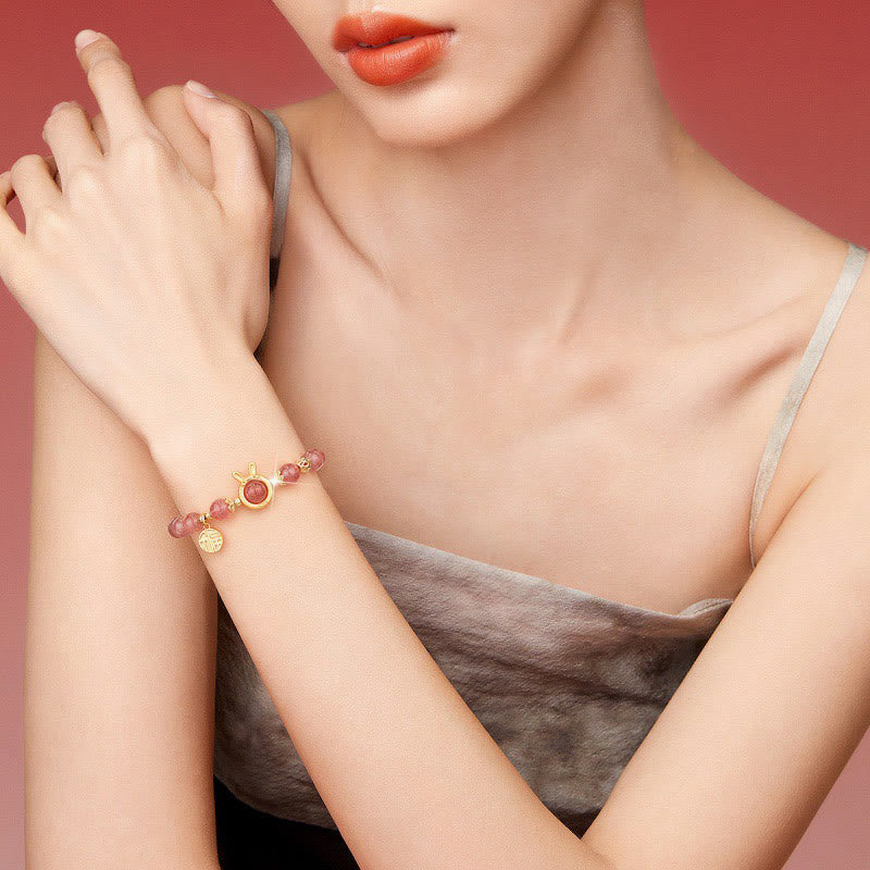 Nimara Ritual Natural Strawberry Quartz Rabbit Fu Character Charm Love Bracelet