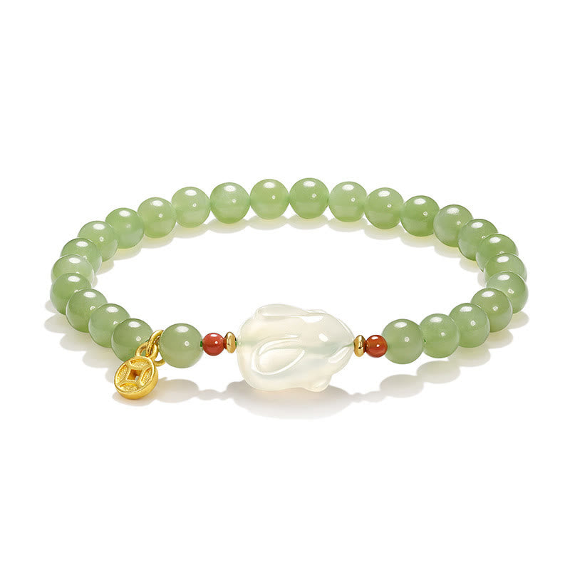Nimara Ritual Natural Hetian Jade Agate Rabbit Copper Coin Luck Bracelet