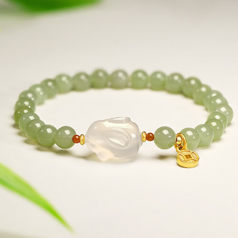 Nimara Ritual Natural Hetian Jade Agate Rabbit Copper Coin Luck Bracelet