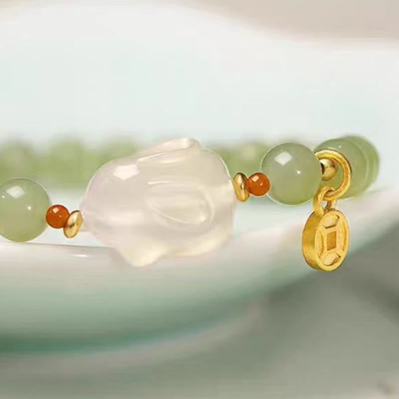 Nimara Ritual Natural Hetian Jade Agate Rabbit Copper Coin Luck Bracelet