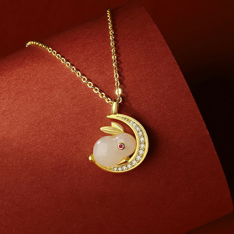 Nimara Ritual 925 Sterling Silver Hetian White Jade Rabbit Crescent Moon Luck Necklace Pendant