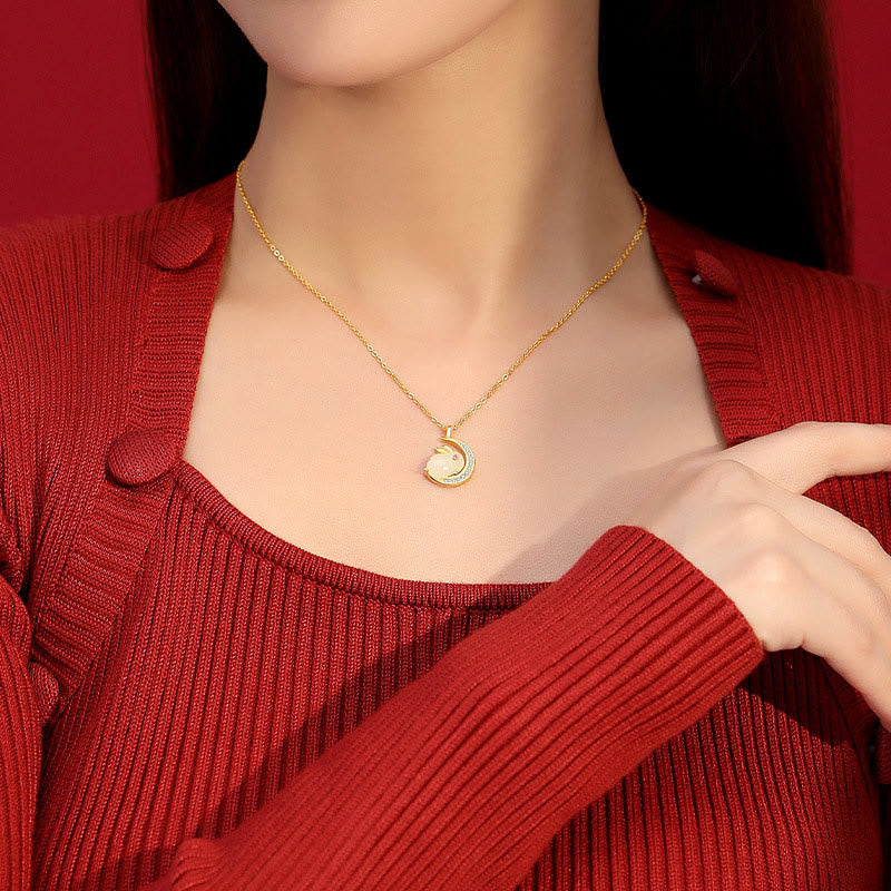 Nimara Ritual 925 Sterling Silver Hetian White Jade Rabbit Crescent Moon Luck Necklace Pendant