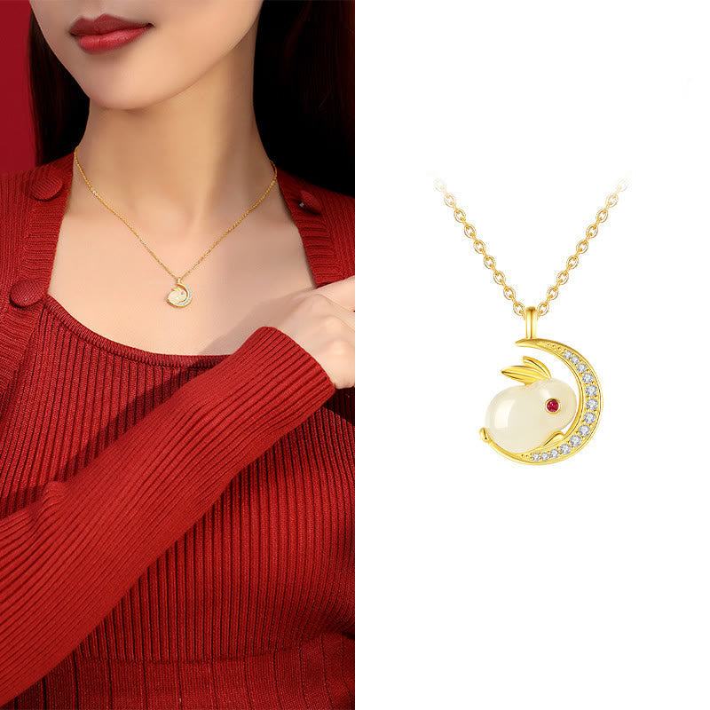 Nimara Ritual 925 Sterling Silver Hetian White Jade Rabbit Crescent Moon Luck Necklace Pendant
