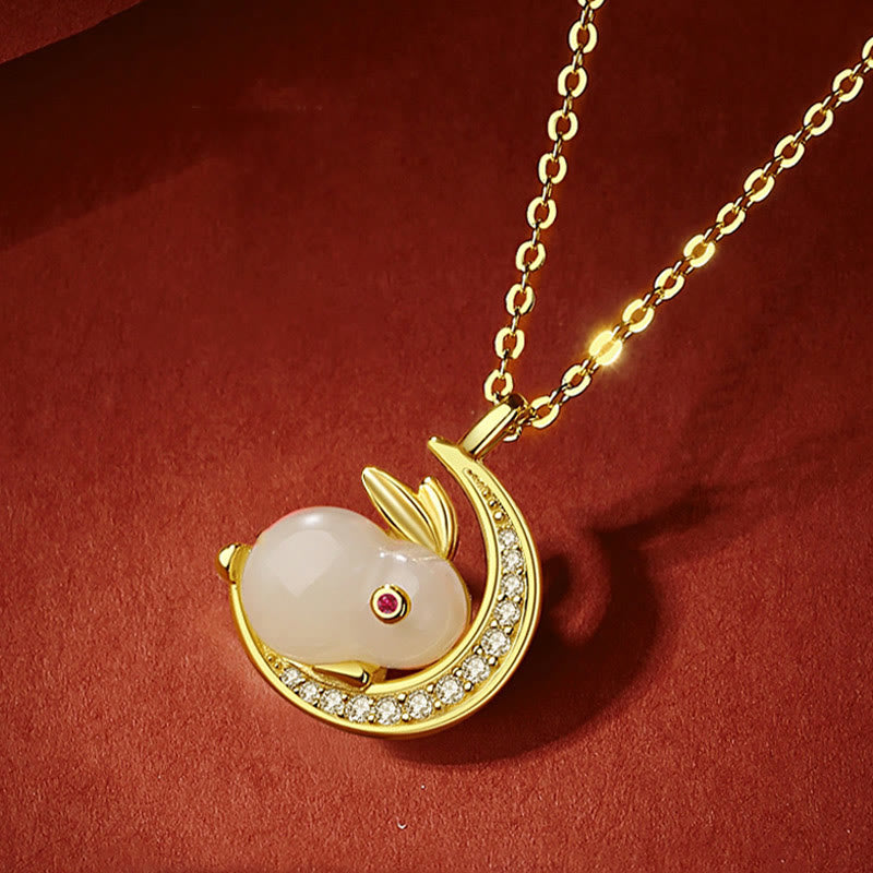 Nimara Ritual 925 Sterling Silver Hetian White Jade Rabbit Crescent Moon Luck Necklace Pendant