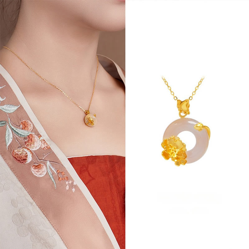 Nimara Ritual Natural 925 Sterling Silver White Chalcedony Peace Buckle Peach Blossom Butterfly Positive Necklace Pendant