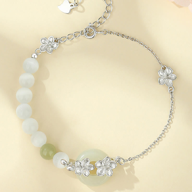 Nimara Ritual 999 Sterling Silver Natural Hetian Jade Peace Buckle Peach Blossom Luck Bracelet