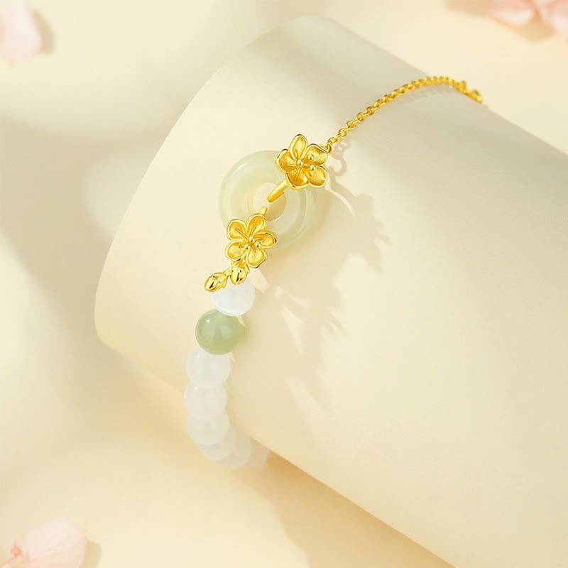 Nimara Ritual 999 Sterling Silver Natural Hetian Jade Peace Buckle Peach Blossom Luck Bracelet