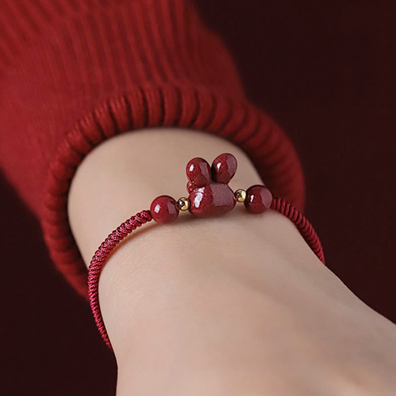 Nimara Ritual Handmade Cinnabar Chinese Zodiac Rabbit Luck Red Rope Bracelet