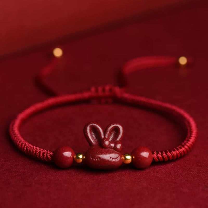 Nimara Ritual Handmade Cinnabar Chinese Zodiac Rabbit Luck Red Rope Bracelet