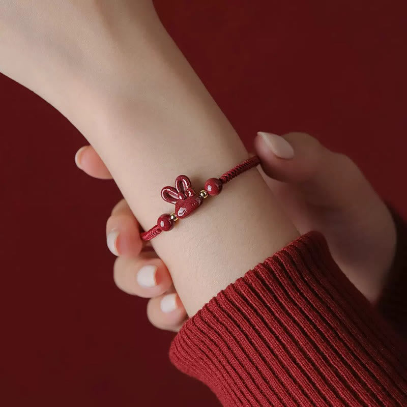 Nimara Ritual Handmade Cinnabar Chinese Zodiac Rabbit Luck Red Rope Bracelet