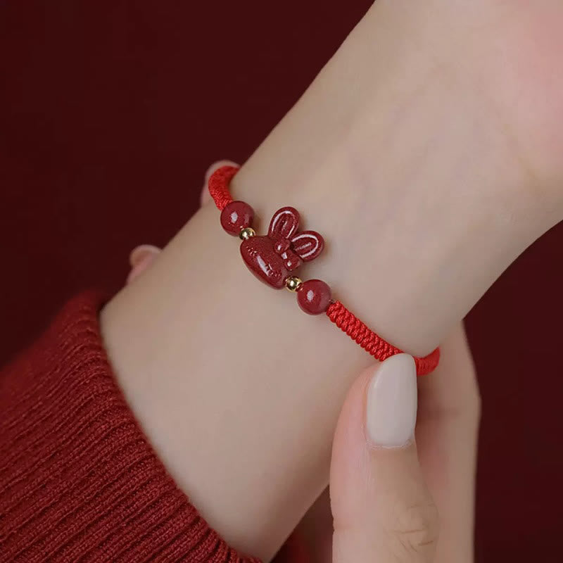 Nimara Ritual Handmade Cinnabar Chinese Zodiac Rabbit Luck Red Rope Bracelet