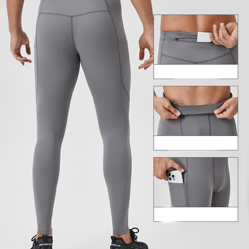 Nimara Ritual Solid Color High Waist Elastic Breathable Sports Men's Leggings Pants With Back Zipper Pocket