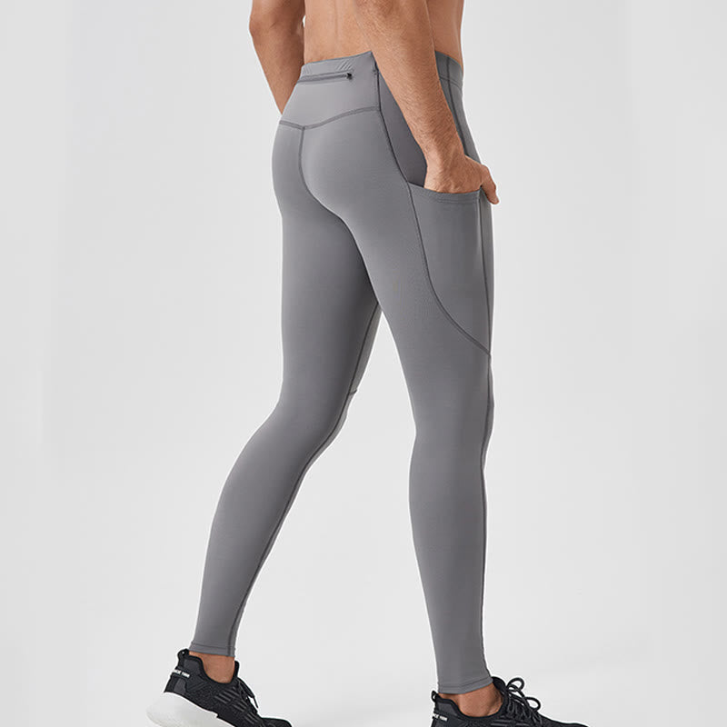 Nimara Ritual Solid Color High Waist Elastic Breathable Sports Men's Leggings Pants With Back Zipper Pocket
