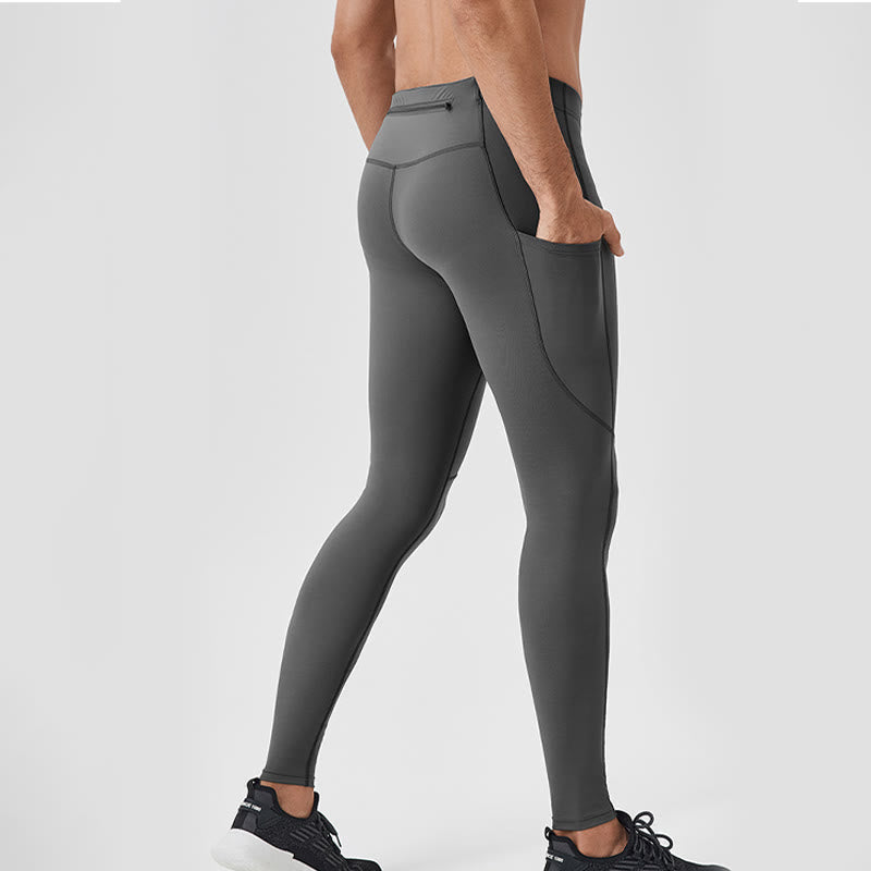 Nimara Ritual Solid Color High Waist Elastic Breathable Sports Men's Leggings Pants With Back Zipper Pocket