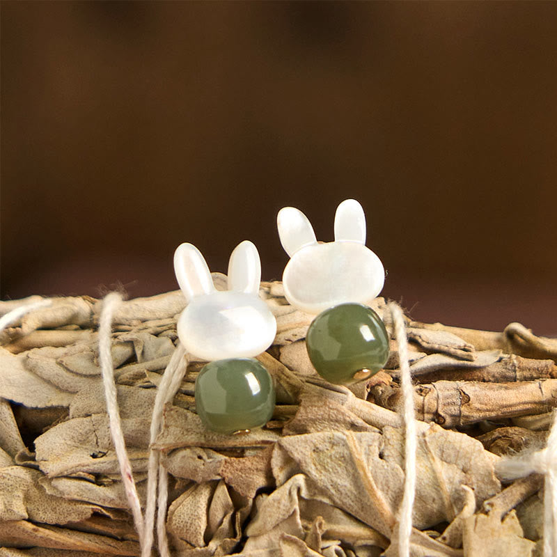Nimara Ritual Tridacna Stone Cute Rabbit Hetian Jade Luck Earrings