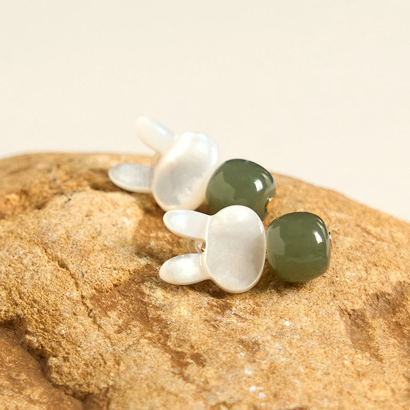Nimara Ritual Tridacna Stone Cute Rabbit Hetian Jade Luck Earrings