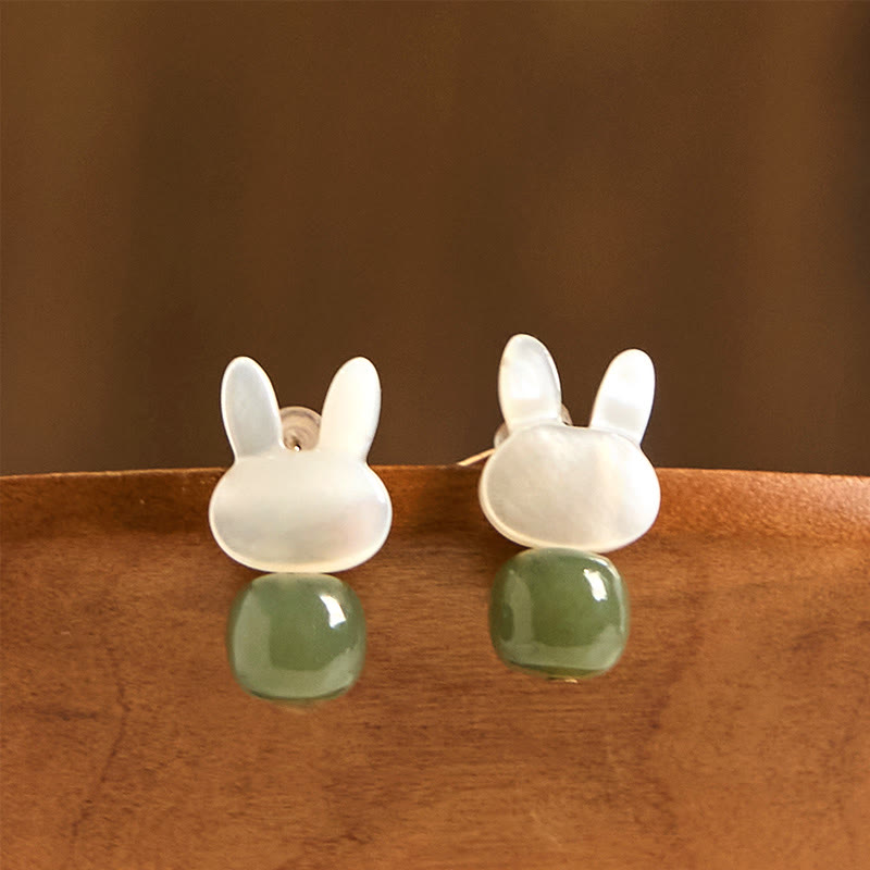 Nimara Ritual Tridacna Stone Cute Rabbit Hetian Jade Luck Earrings