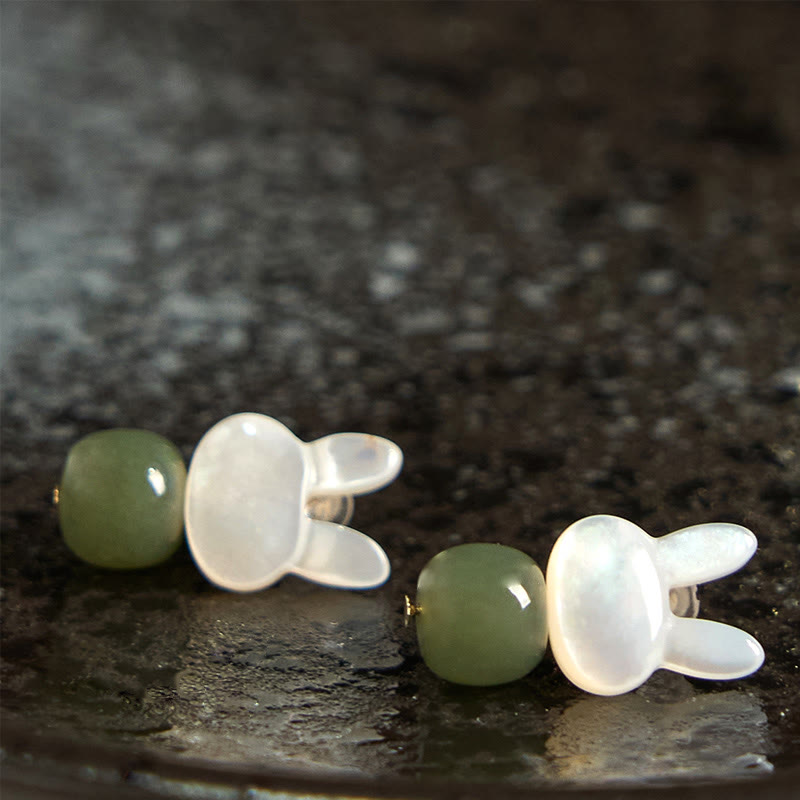 Nimara Ritual Tridacna Stone Cute Rabbit Hetian Jade Luck Earrings