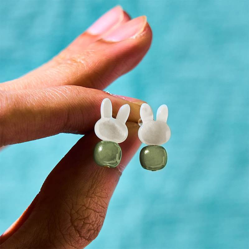 Nimara Ritual Tridacna Stone Cute Rabbit Hetian Jade Luck Earrings