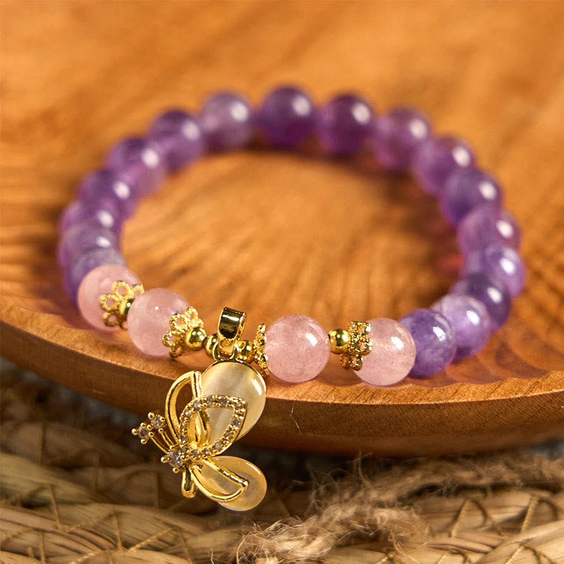 Nimara Ritual Natural Amethyst Strawberry Quartz Crystal Healing Butterfly Charm Bracelet