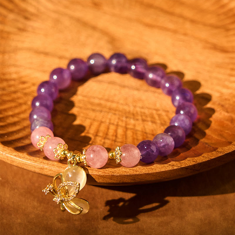 Nimara Ritual Natural Amethyst Strawberry Quartz Crystal Healing Butterfly Charm Bracelet