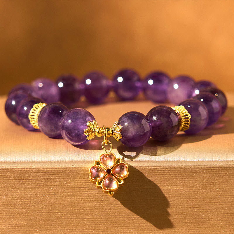 Nimara Ritual Natural Amethyst Four Leaf Clover Charm Communication Bracelet