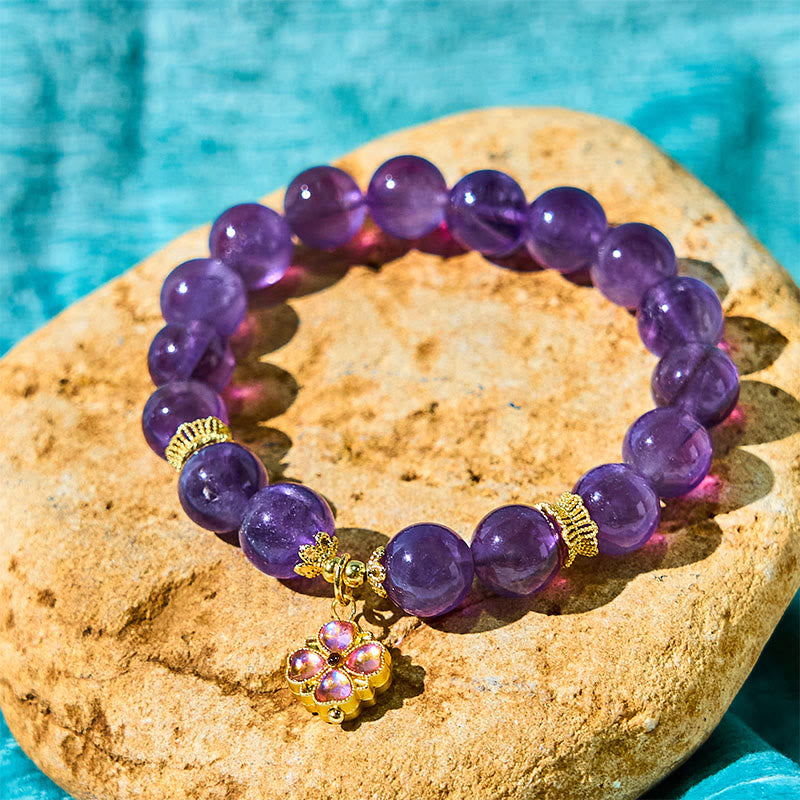 Nimara Ritual Natural Amethyst Four Leaf Clover Charm Communication Bracelet