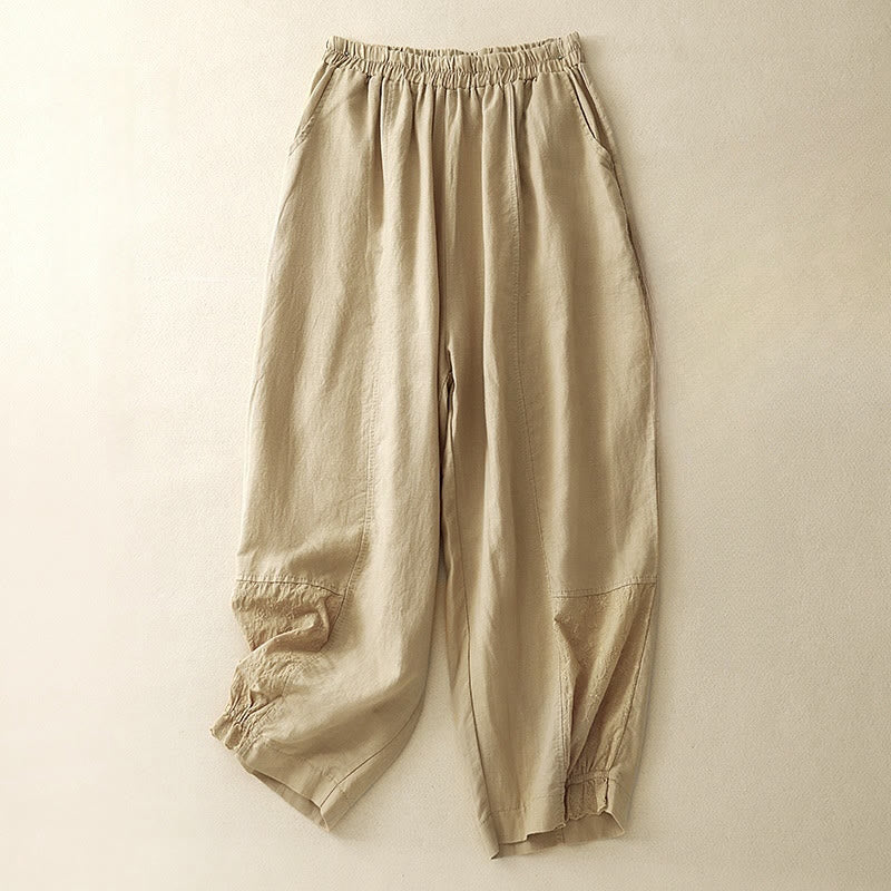 Nimara Ritual Casual Embroidery Patchwork Fabric 7-8 Length Cropped Pants Women's Cotton Harem Pants With Pockets