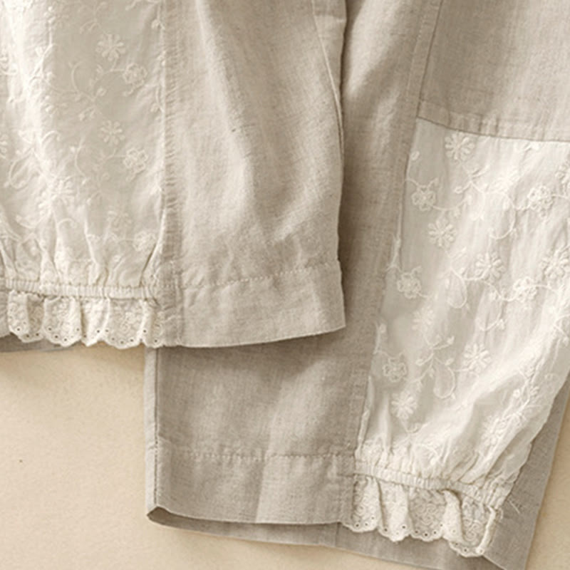 Nimara Ritual Casual Embroidery Patchwork Fabric 7-8 Length Cropped Pants Women's Cotton Harem Pants With Pockets