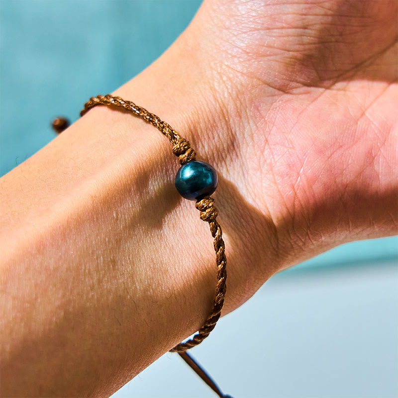 Nimara Ritual Natural Tahitian Black Pearl Bead Wax Rope Wisdom Bracelet