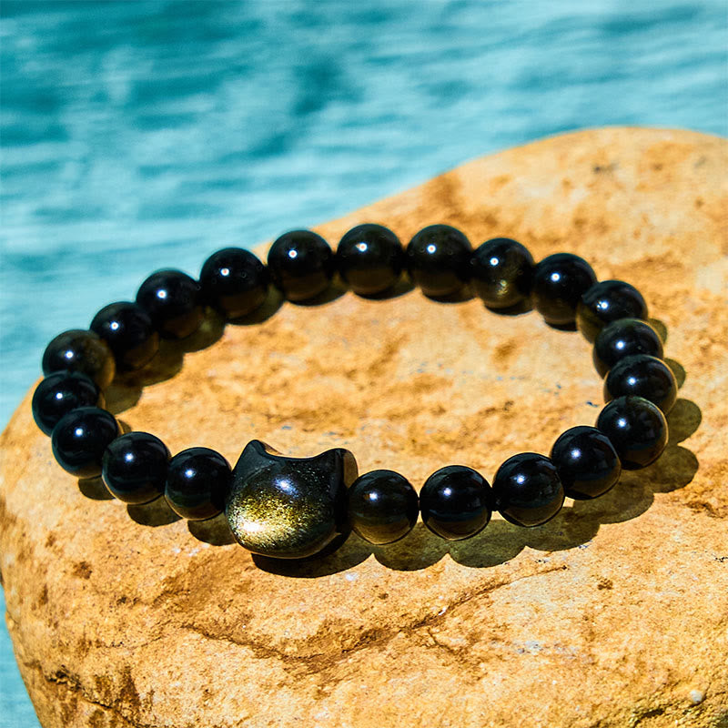Nimara Ritual Gold Sheen Obsidian Silver Sheen Obsidian Lovely Paw Lucky Cat Protection Bracelet