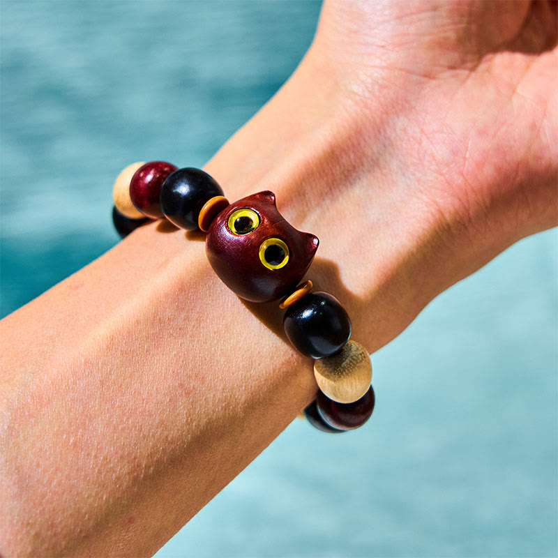 Nimara Ritual Small Leaf Red Sandalwood Ebony Wood Cute Cat Engraved Protection Bracelet