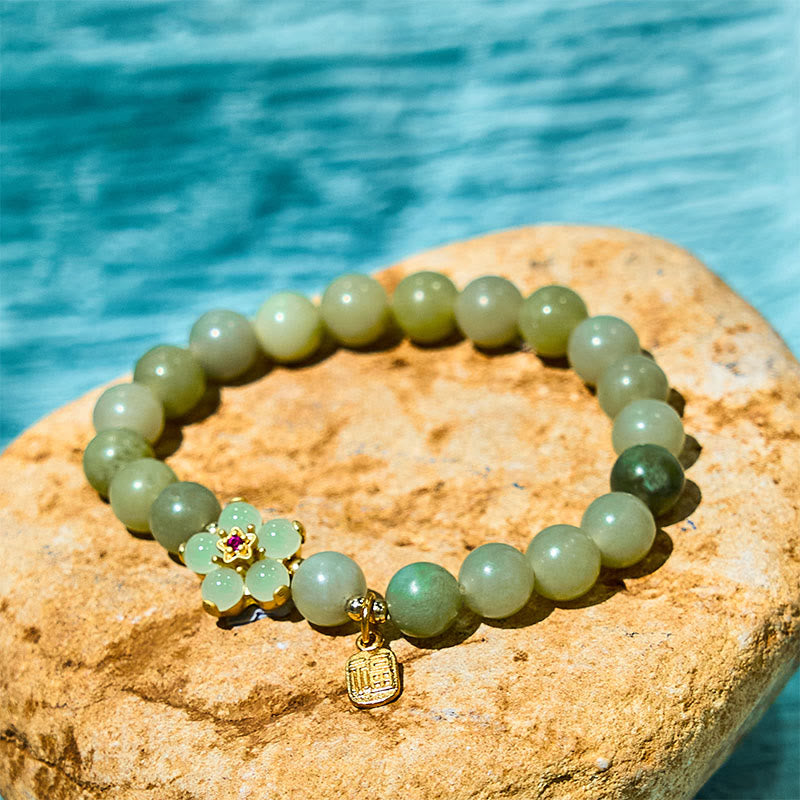 Nimara Ritual Green Jade Flower Fu Character Charm Luck Bracelet
